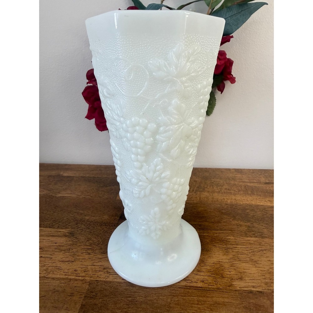 Vintage White Milk Glass Grape Pedestal Vase Footed Floral Wedding Decor